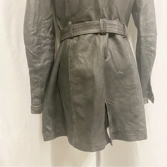 Dick & Jayne Charcoal Gray/Black Genuine Leather Belted Trench Coat - Picture 9 of 11